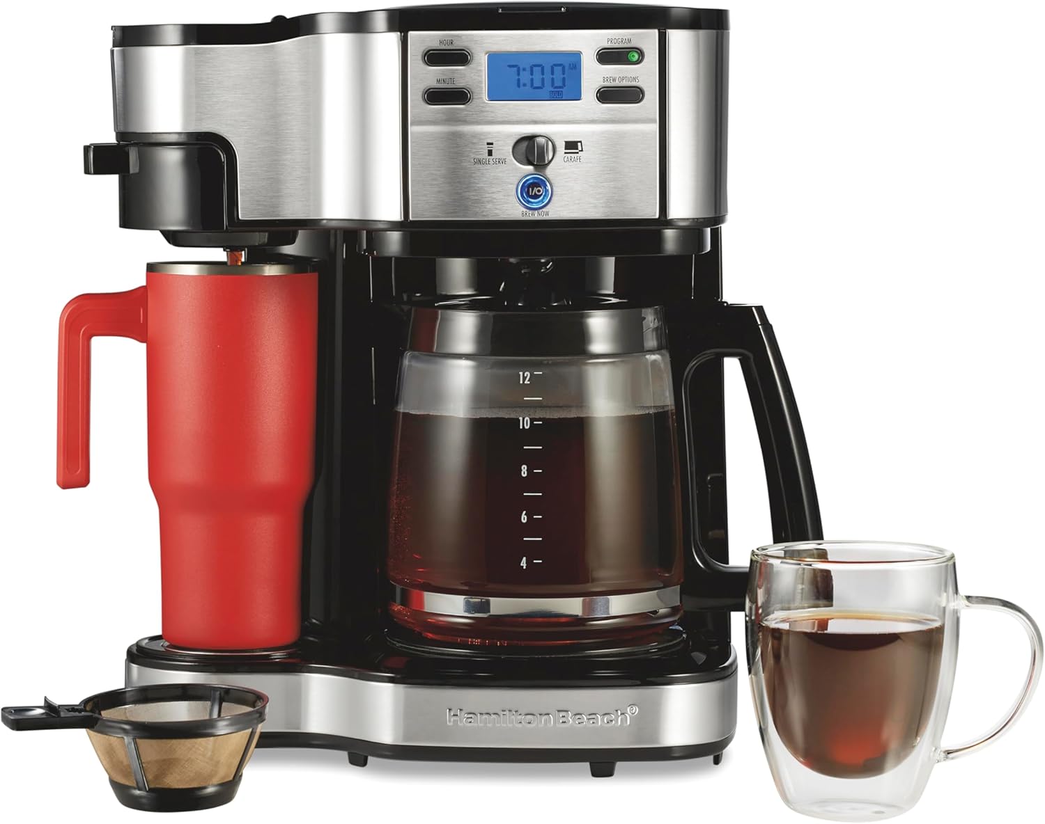 2-Way Brewer Coffee Maker, Single-Serve and 12-Cup Pot, Black/Stainless Steel(49980A), Carafe | 12 Cup Glass Carafe |