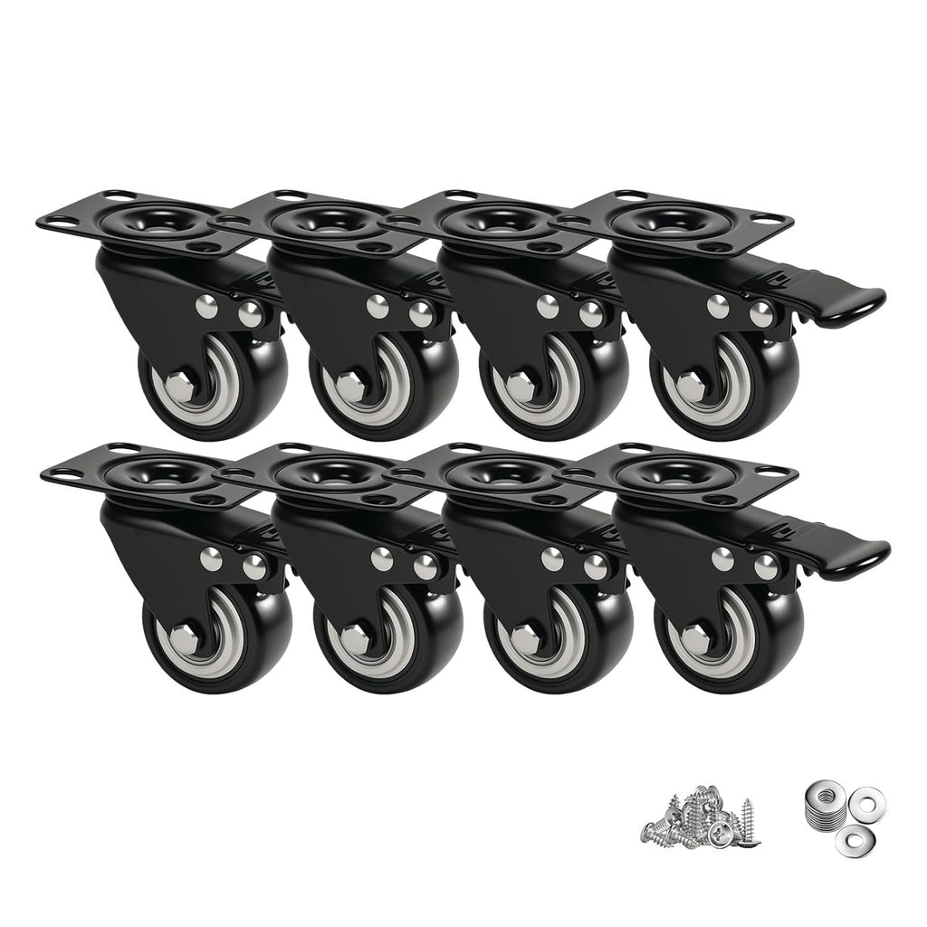 2" Caster Wheels Set of 8 - Heavy Duty Swivel Plate Casters with No Noise Locking, Wheels for Furniture, Cart, Workbench