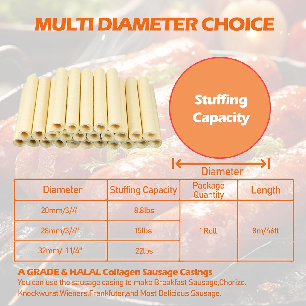Edible Drying Sausage Casing, HALAL Collagen Sausage Casings for Most Delicious Sausage, Homemade Sausages Ham for