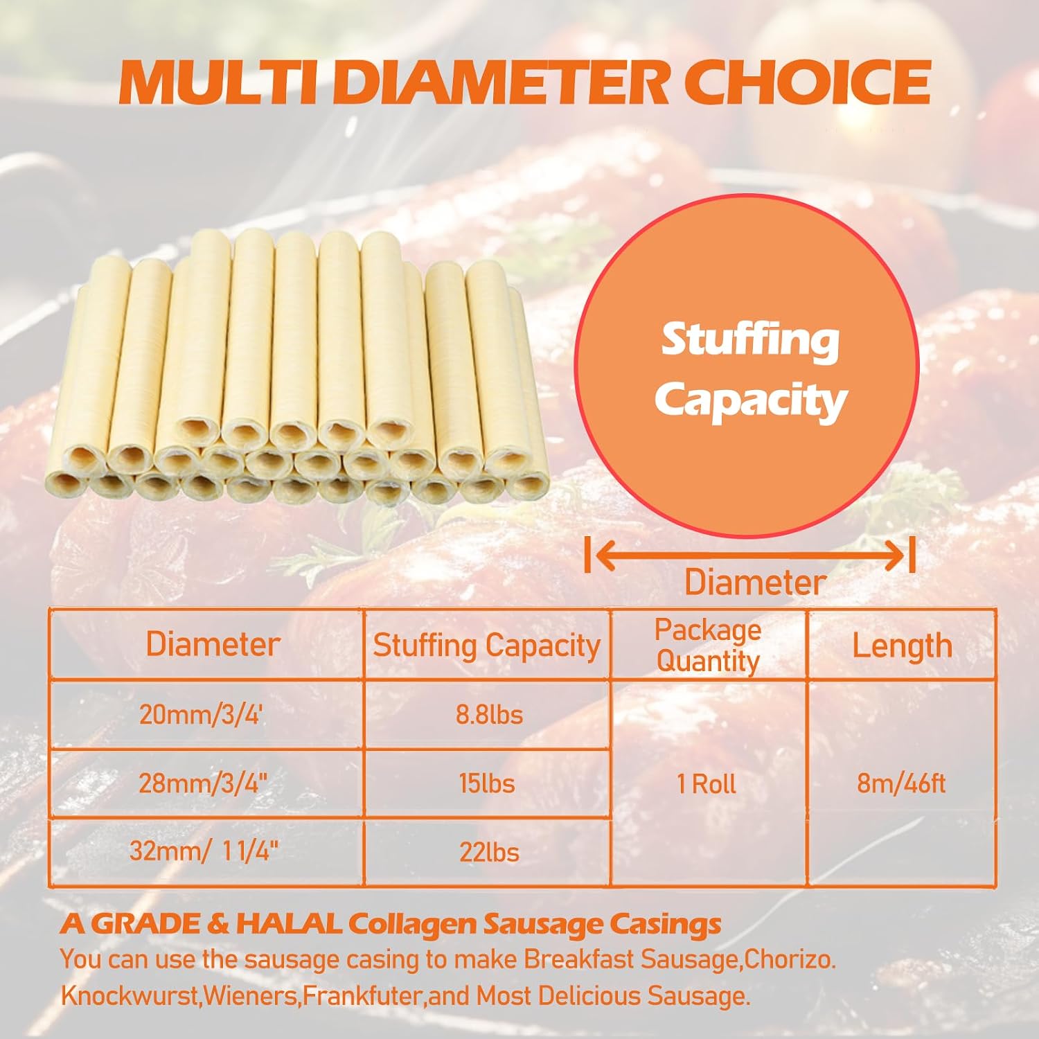 Edible Drying Sausage Casing, HALAL Collagen Sausage Casings for Most Delicious Sausage, Homemade Sausages Ham for