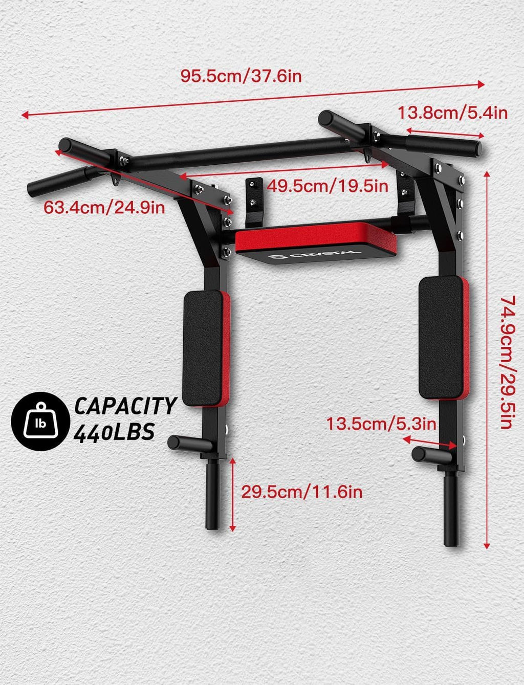 Multifunctional Wall Mounted Pull Up Bar, Chin Up Bar and Dip Station, Heavy Duty Steel Supports to 440 Lbs, Home Gym