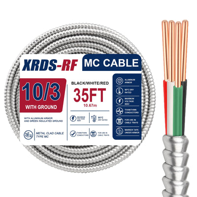 XRDS -RF 10/3 Metal Clad MC Cable, 35FT 10 AWG 3 Conductor Armored Electrical Wire with Ground, Solid Copper Conductors and Flexible Aluminum Armor for Branch Circuit Wiring