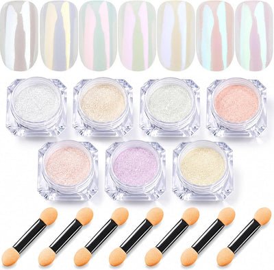 7 Colors Chrome Nail Powder Set, Nail Chrome Bulk,White Pearl Iridescent Aurora Metallic Mirror Effect Dip Nail