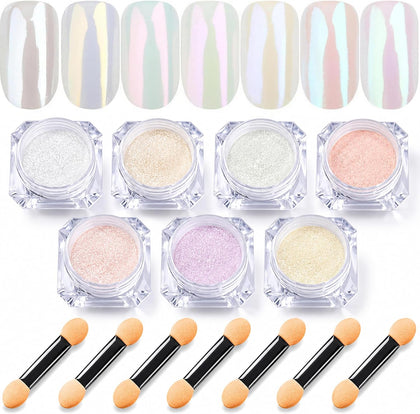 7 Colors Chrome Nail Powder Set, Nail Chrome Bulk,White Pearl Iridescent Aurora Metallic Mirror Effect Dip Nail