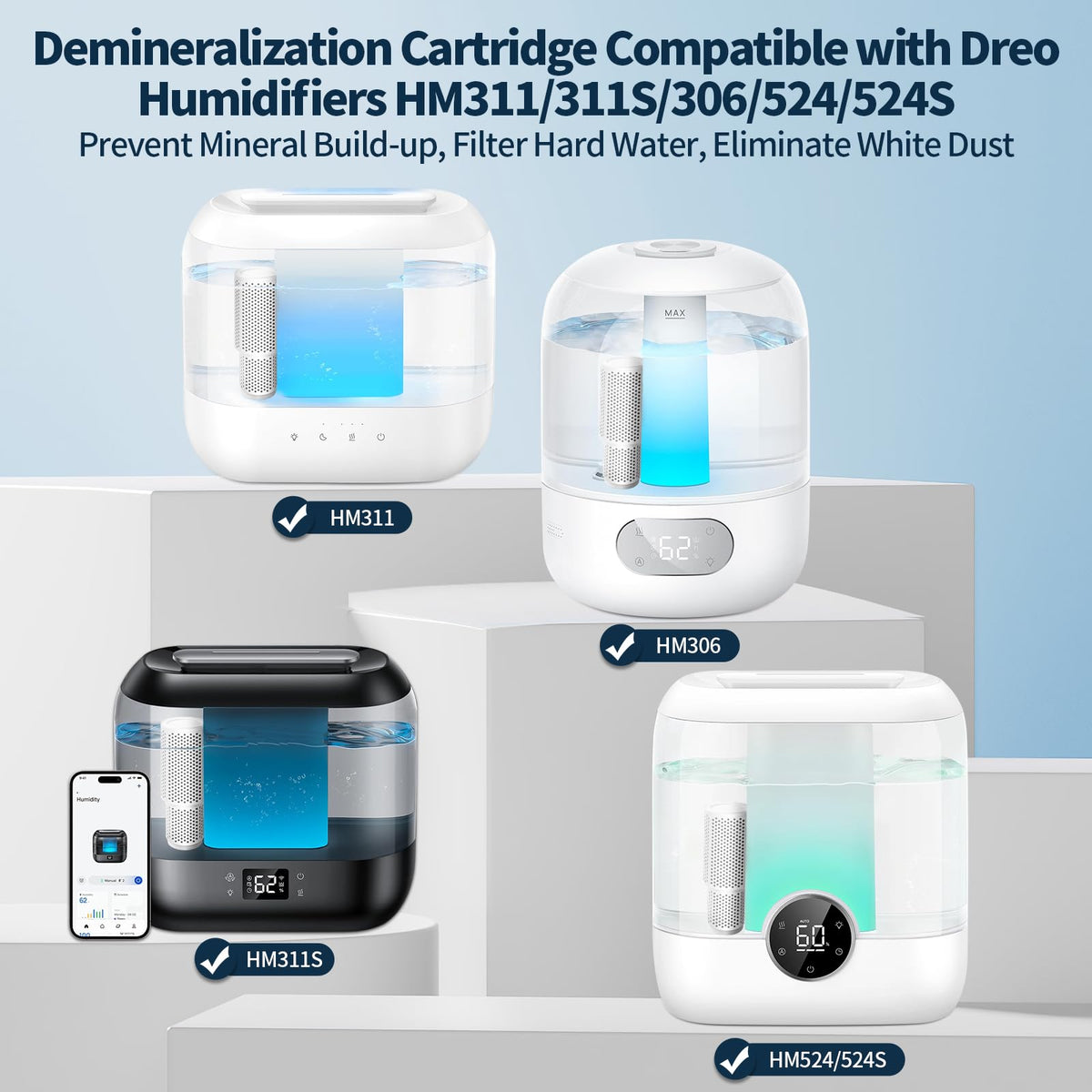 4-Pack Humidifier Demineralization Cartridge Compatible with Dreo Humidifiers