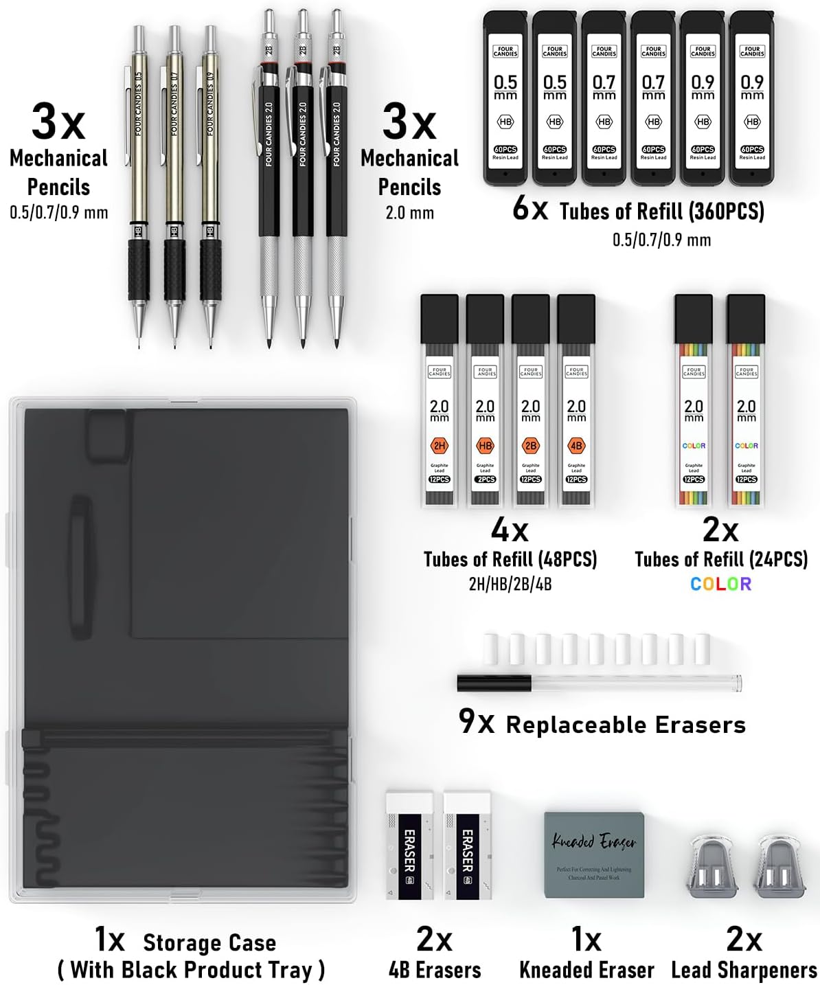 25PCS Mechanical Pencil Set, 0.5, 0.7, 0.9 & 2mm, Storage Case | 432 Lead Refills (HB 2H 2B 4B Color), Kneaded