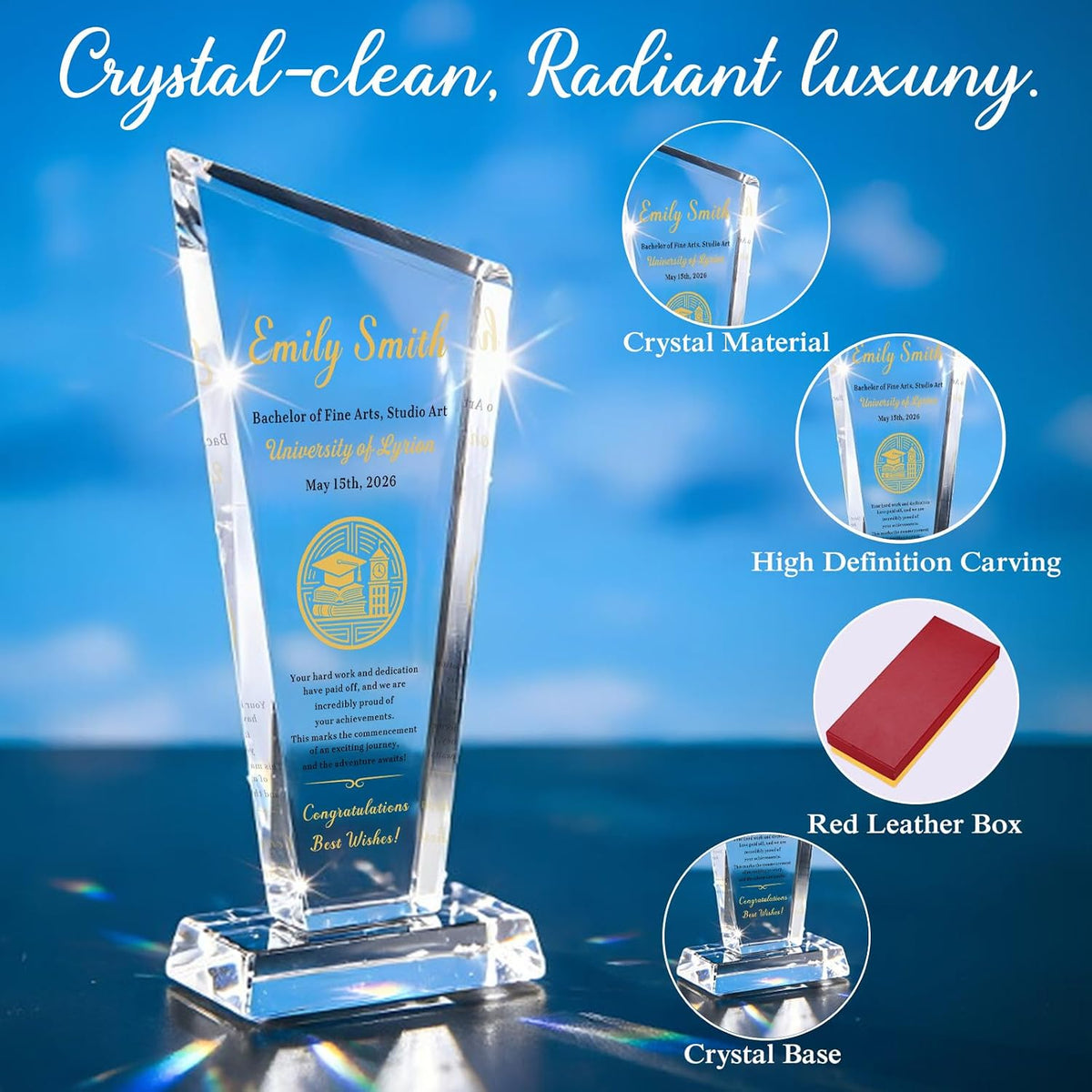 SHIP NEXT DAY, Custom K9 Crystal Trophy Recognition Awards With Logo & Text
