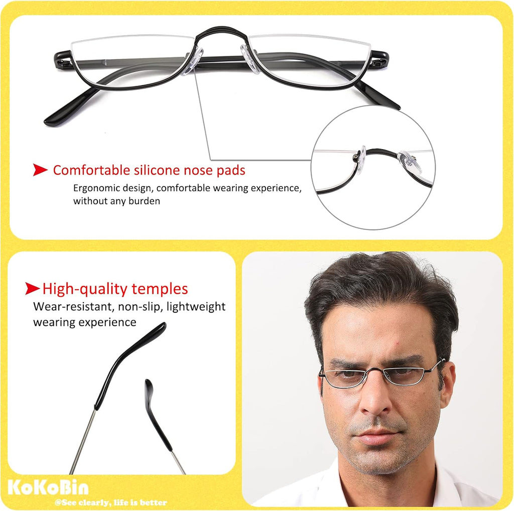 Half Reading Glasses 2 Pairs Metal Frame 2.50 | Half Rim Glasses Spring Hinge Readers with Leather Pouch for Men and