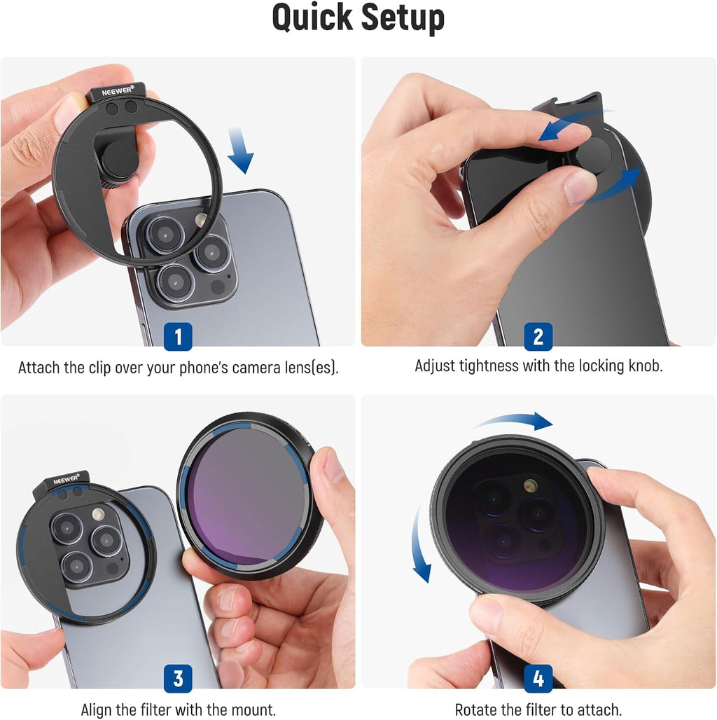 67mm Clip On Variable ND2-ND32 Phone Lens Filter Kit, Phone Clip with Magnetic Adapter Ring/Cold Shoe/Locking Knob