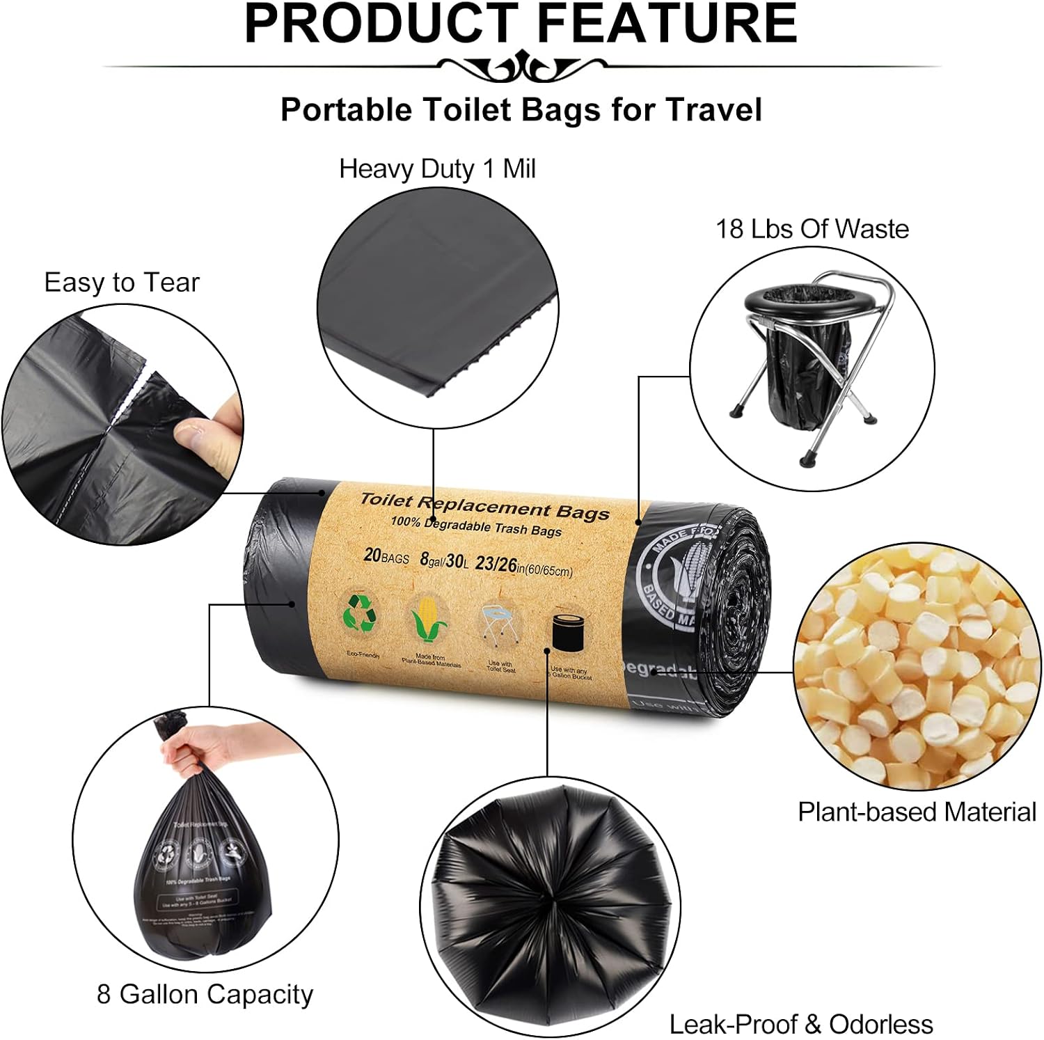 40 Count Toilet Replacement Bags, 8 Gallon, 30 Liter, Heavy Duty 1 Mil, Compost Bags 8 Gallon, Camping Toilet Bags