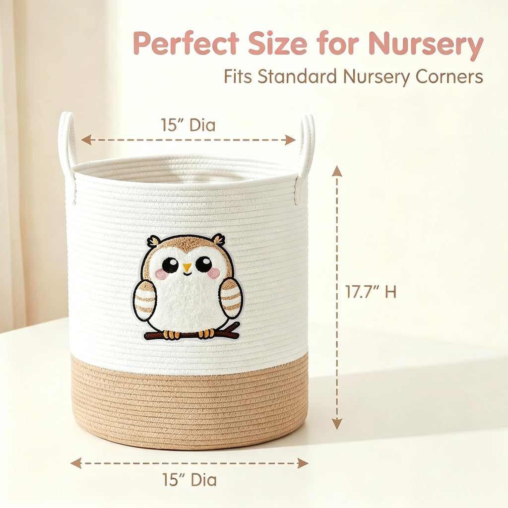 Owl Laundry Basket, Large Cotton Rope Hamper for Nursery