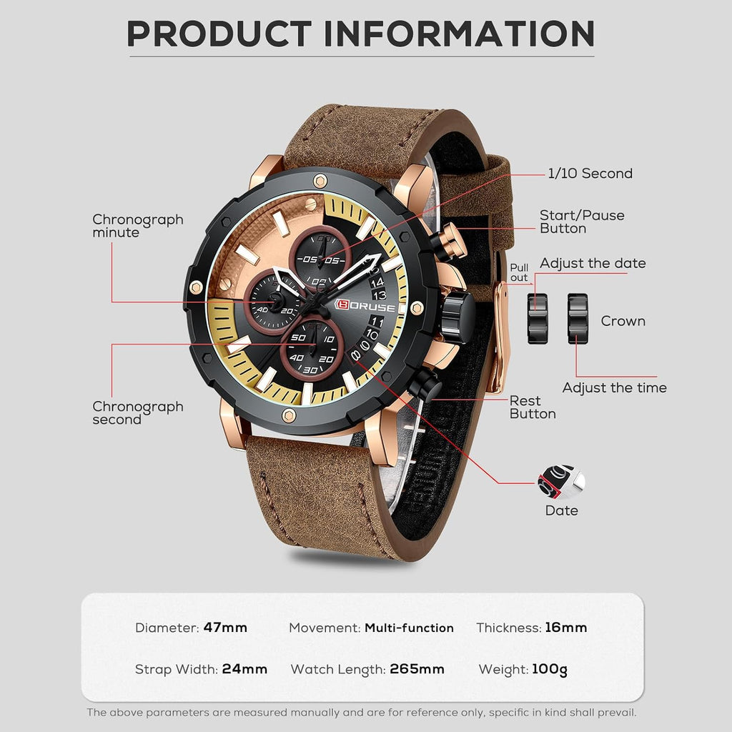 Mens Watches Luxury Chronograph Classic Waterproof Watch Large Face Analog Luminous Fashion Leather Analog Quartz