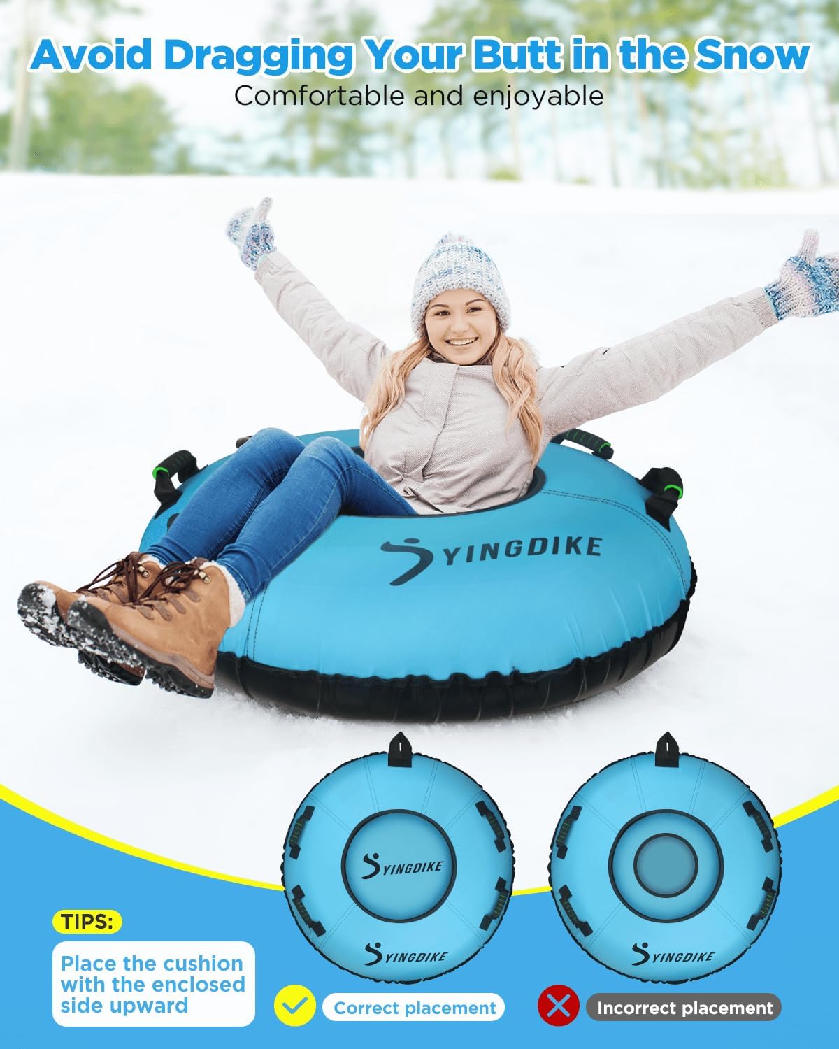Snow Tube for Sledding, Heavy Duty 40" Snow Sled with 4 Handles and Cushion Seat, Inflatable High Speed 600D Canvas