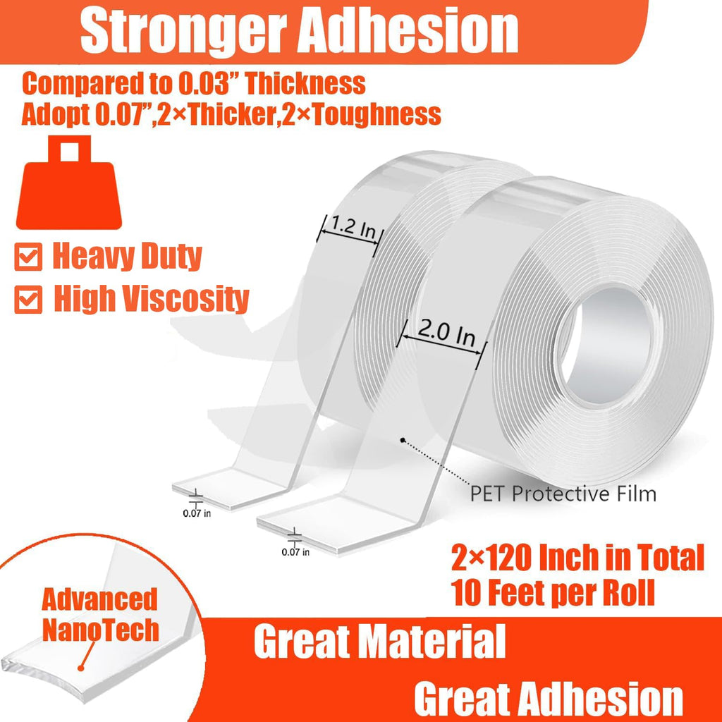 Double Sided Heavy Duty Extra Strong Adhesive Removable Tape - 1.2 & 2 Inch x 20 feet - Nano Tape for Poster Carpet