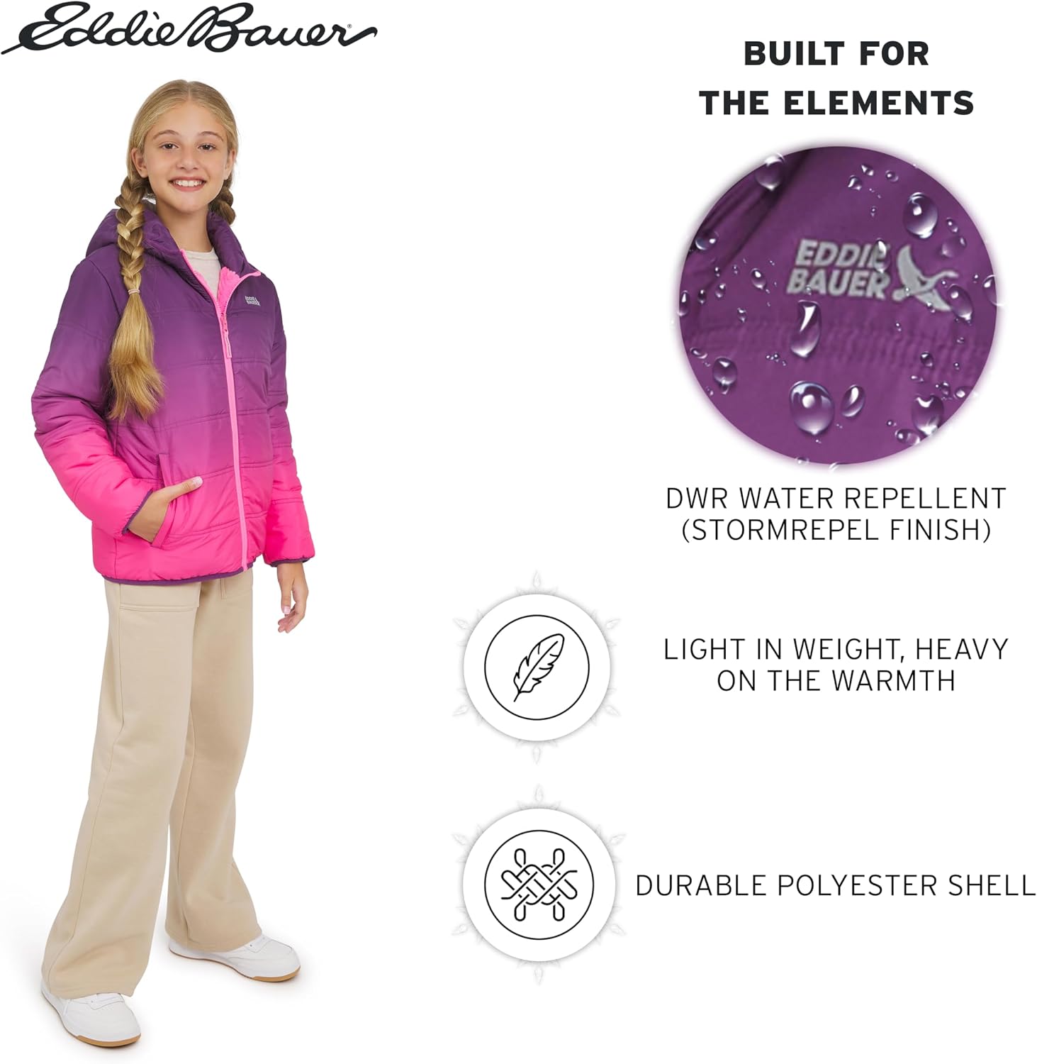 Eddie Bauer Girls' Deer Harbor Reversible Faux Fur Lined Insulated Puffer Jacket
