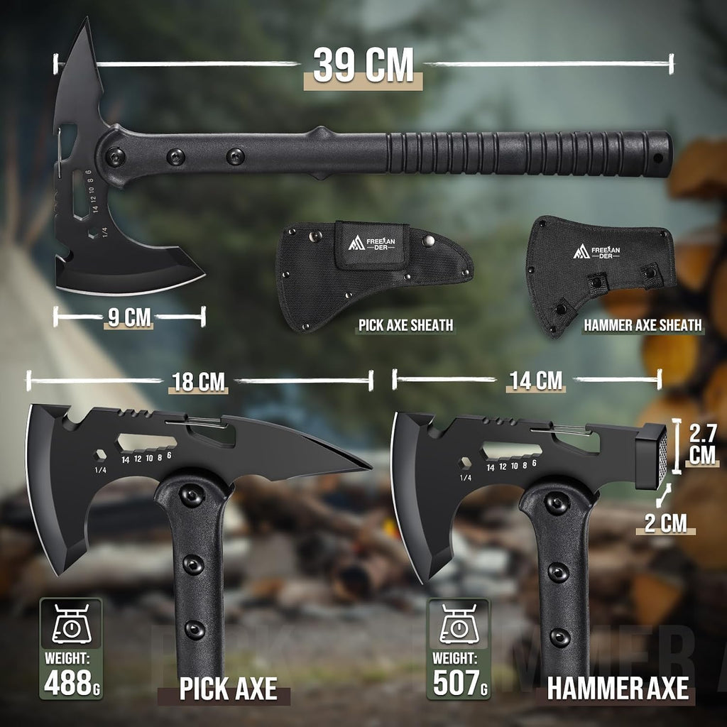 Tactical Hatchet Axe 2 Pack - Portable Tomahawk with Sheath | Multi-Functional Survival Axes with Hammer and Spike
