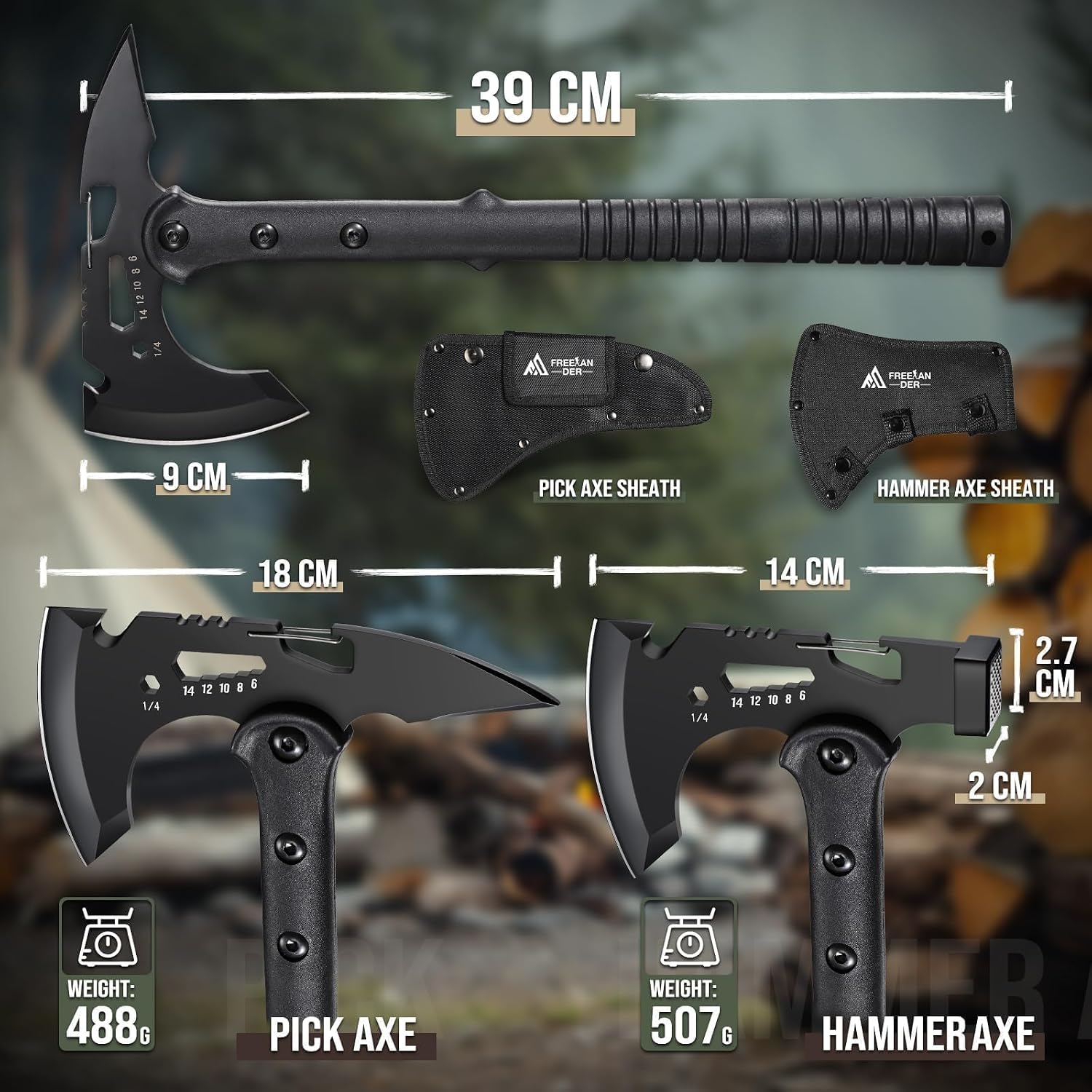 Tactical Hatchet Axe 2 Pack - Portable Tomahawk with Sheath | Multi-Functional Survival Axes with Hammer and Spike