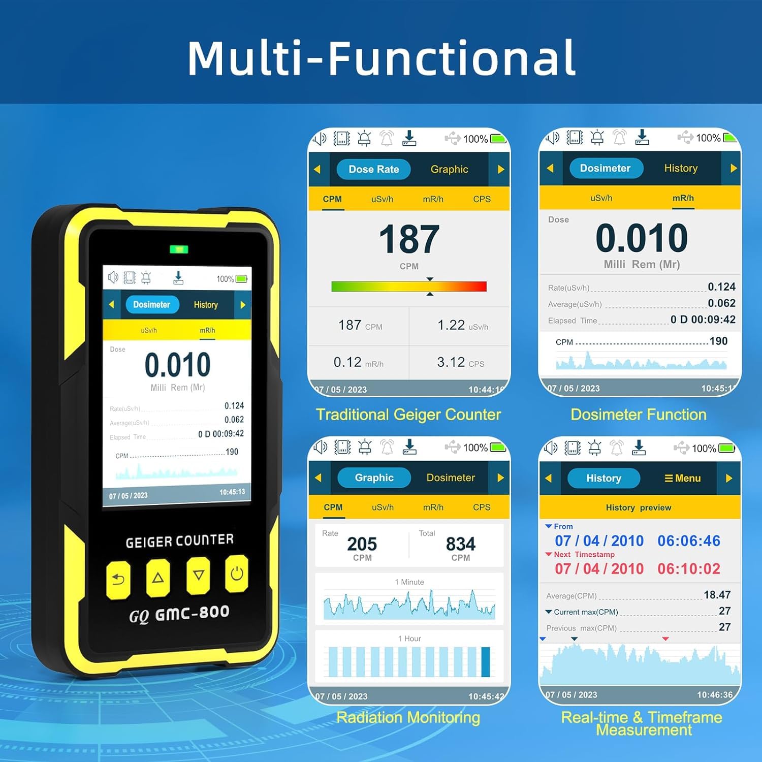 Nuclear Radiation Detector GQ 800 Geiger Counter USA Design Product US National Standard Large Color LCD Display 5