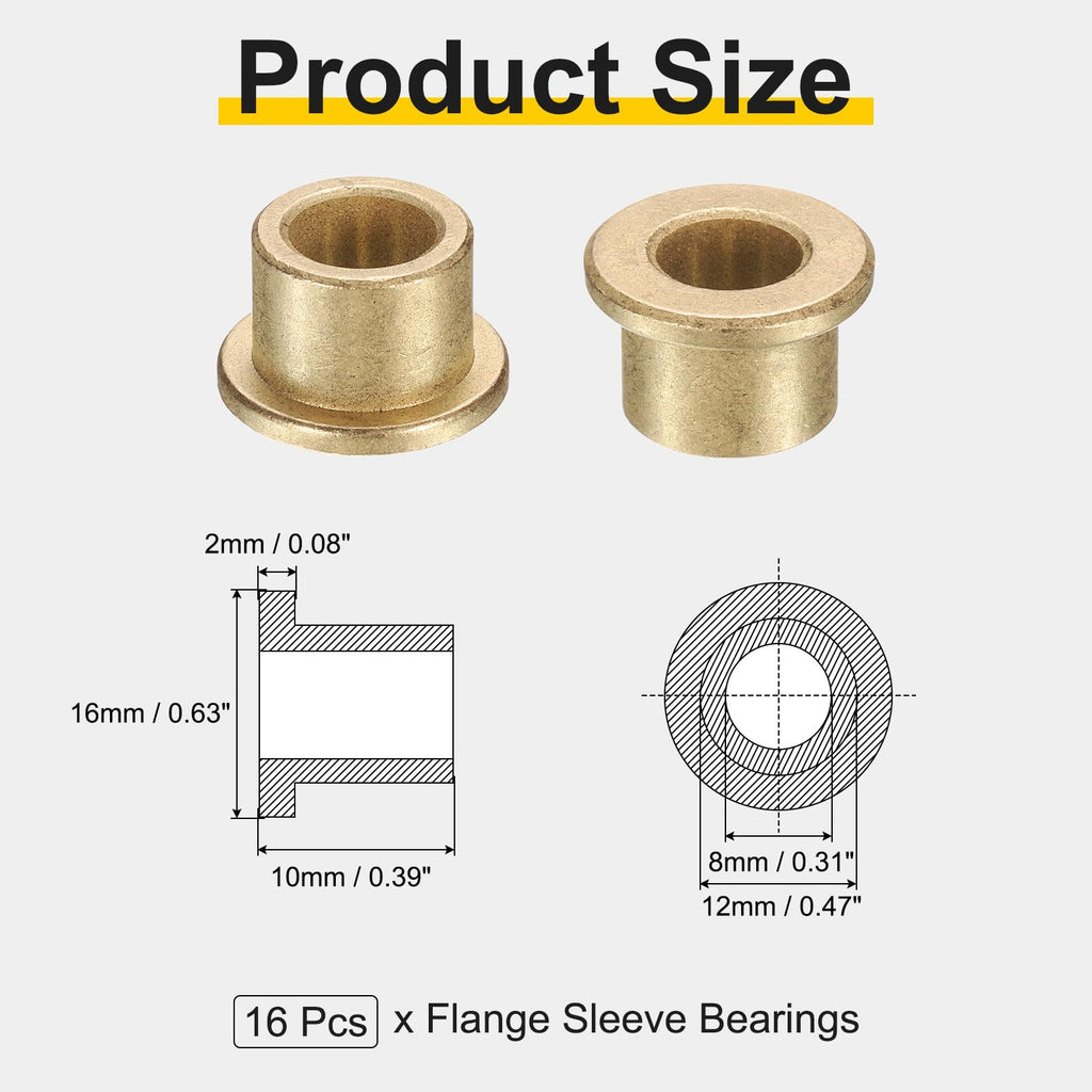 uxcell 16Pcs Flange Sleeve Bearings, 8mm Bore x 12mm OD x 10mm Length, Self-Lubricating Sintered Bronze Bushings