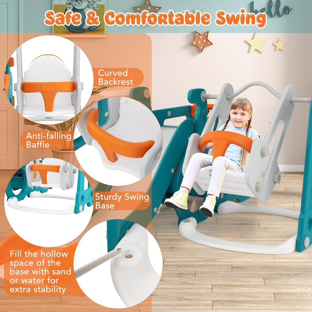 6 in 1 Toddler Slide and Swing Set, Mini Bus Indoor Outdoor Baby Swing with Basketball Hoop, Crawling Tunnel, Kids