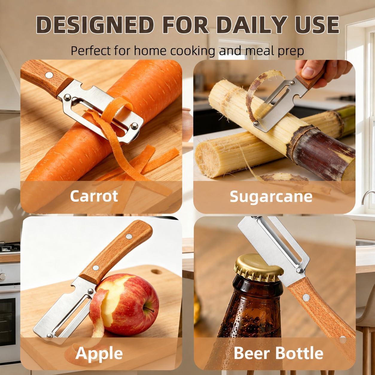 2026 Premium Multifunctional Vegetable Peeler, 3cr Stainless Steel Peeler with Wooden Handle with Built-In Bottle