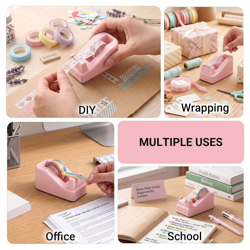 Compact Desk Tape Dispenser, Cute & Stylish Office Accessories - Pink