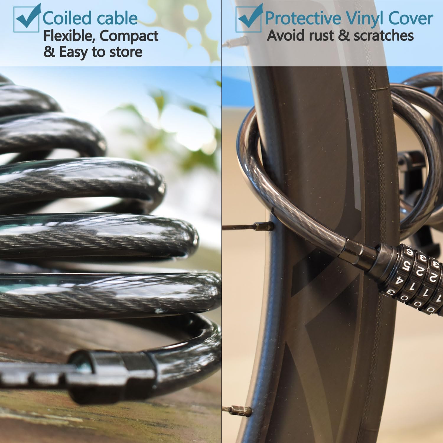 Combination Bike Lock Cable- 3/8 inch (5FT, 10FT, 15FT, 25FT) Resettable Combination Lock, Anti-Theft Coiled Secutiry