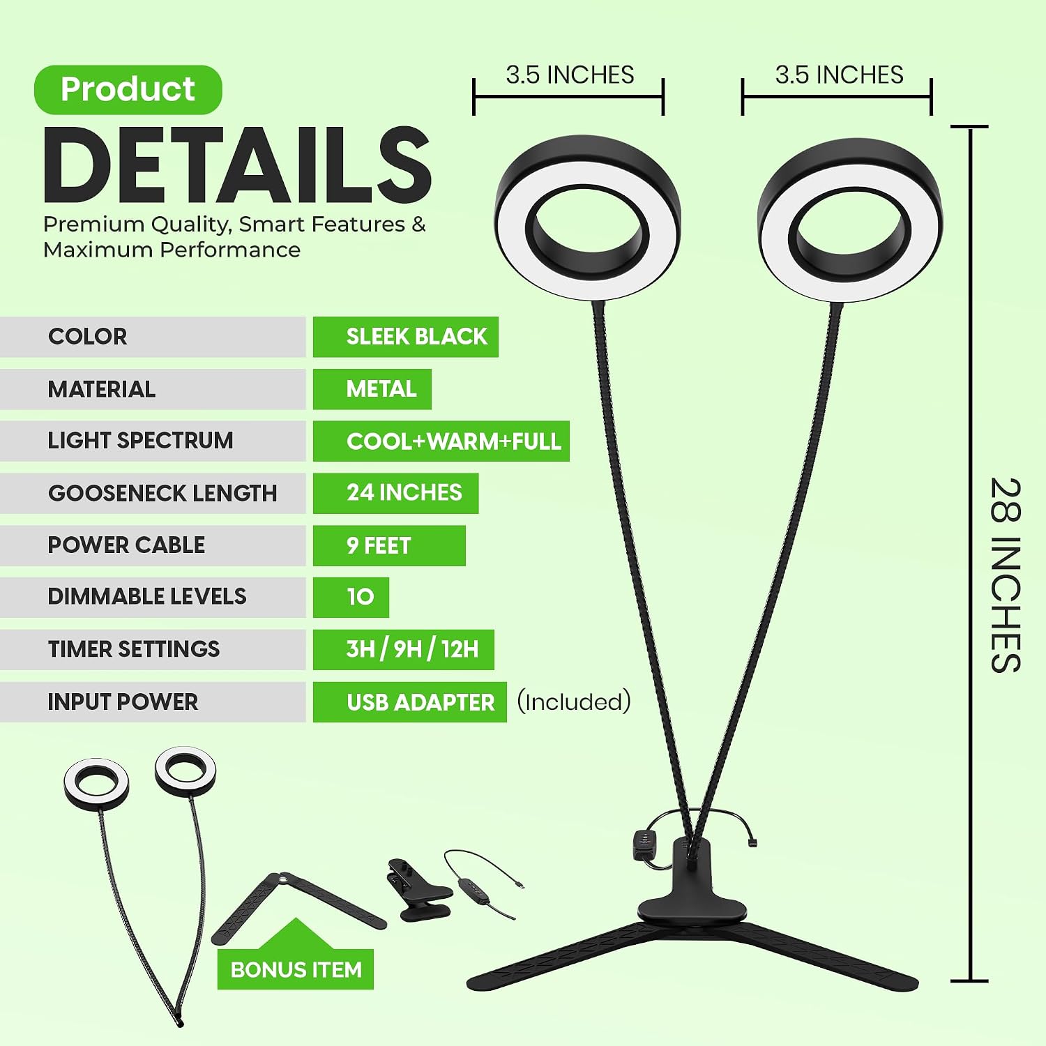 Clip On Grow Lights for Indoor Plants, 24" Gooseneck Full Spectrum LED | Full spectrum LED with adjustable arms, 10