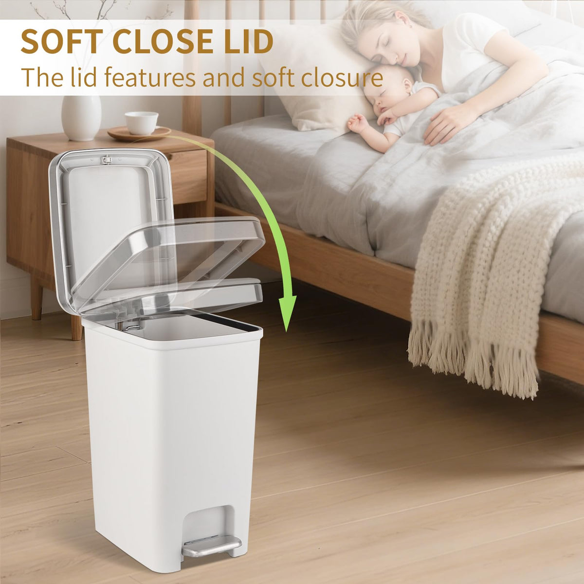 Small Bathroom Trash Can with Lid Step Pedal, 2.6 Gallon, White