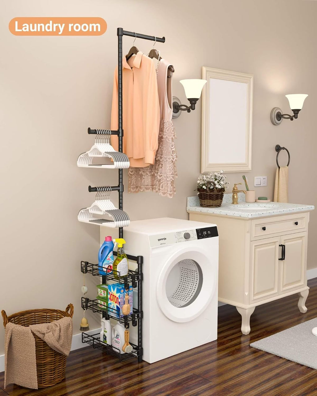 Laundry Room Shelves - Over the Washer and Dryer Storage Shelf, Laundry Hanging Rod with Basket and Hanger Organizer