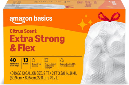 Extra Strong & Flex Tall Kitchen Drawstring Trash Bags, Citrus Scent, 13 Gallon, 40 Count