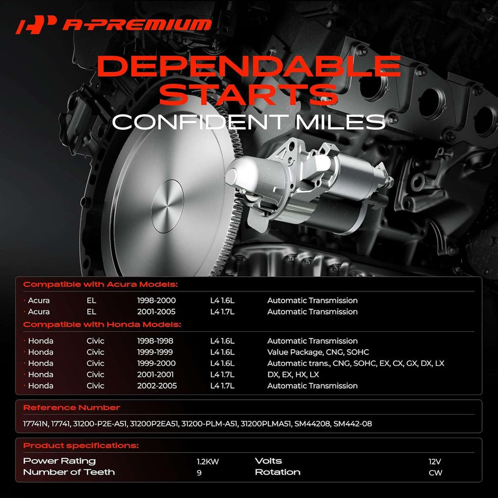 A-Premium Starter Motor, 12V 1.2KW 9 Teeth Clockwise, Compatible with Honda