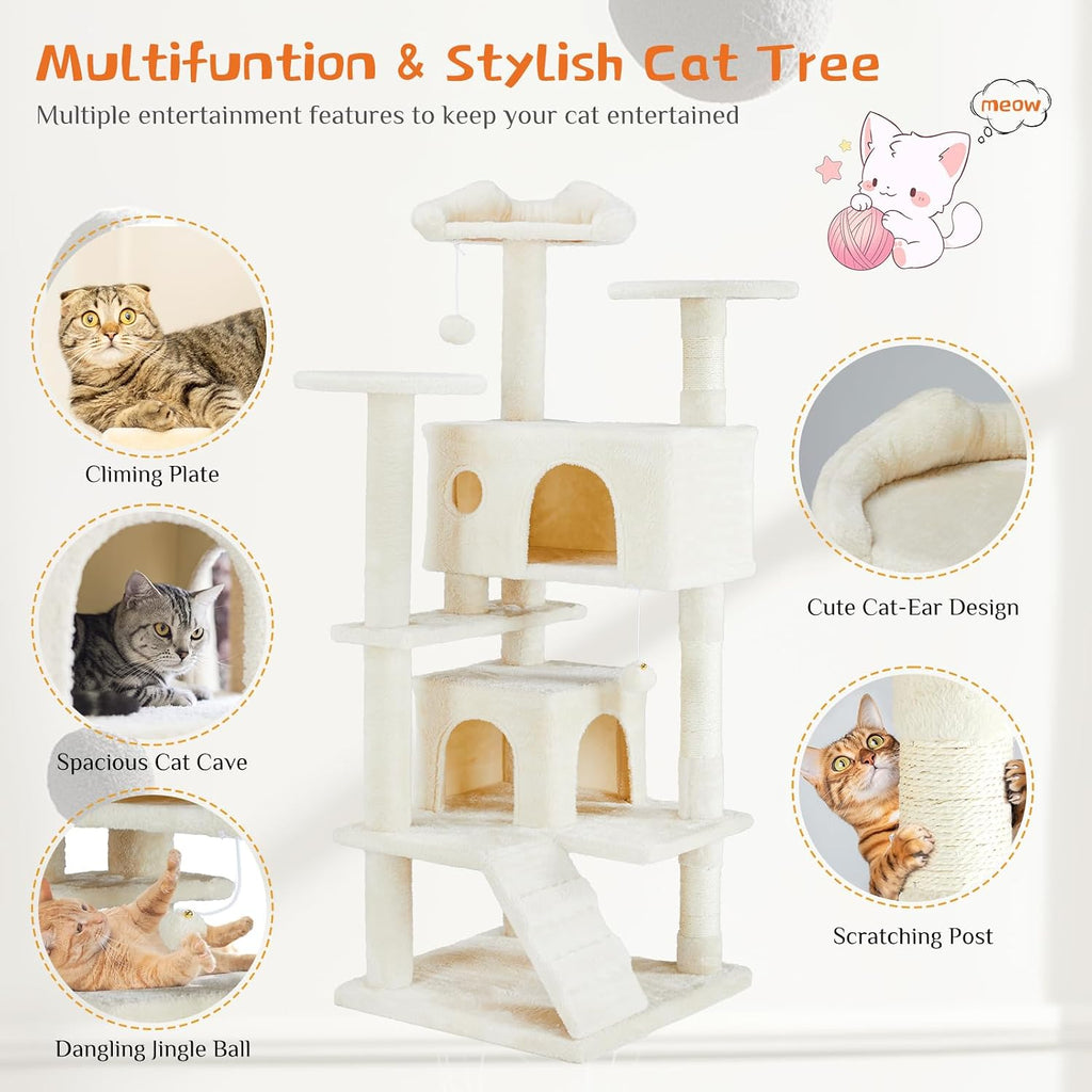 54 Inch Cats Tree Tower, Multi-Level with Scratching Post, Indoor Cat Tree Condo with Climbing Ladder, Plush Toy