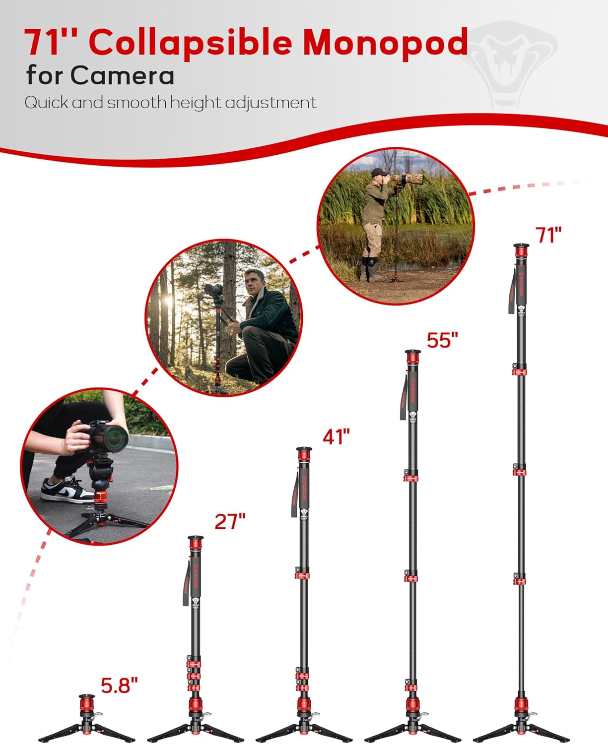 Cobra 3 C180F-P Carbon Fiber Camera Monopod 71" | Travel Monopod with Feet, 1/4" & 3/8" Quick Release Compatible with