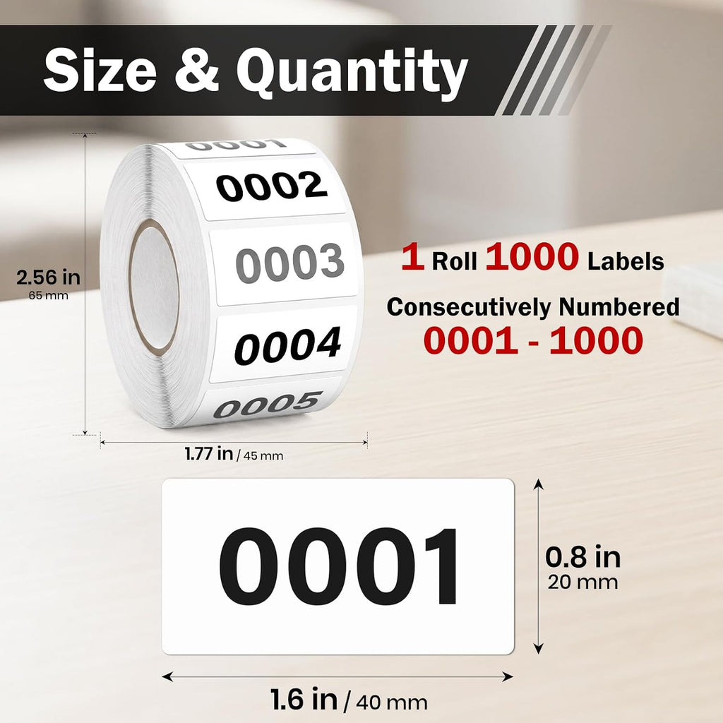 Consecutive Number Stickers 0001-1000 Inventory Label 1.6x0.8 Inch