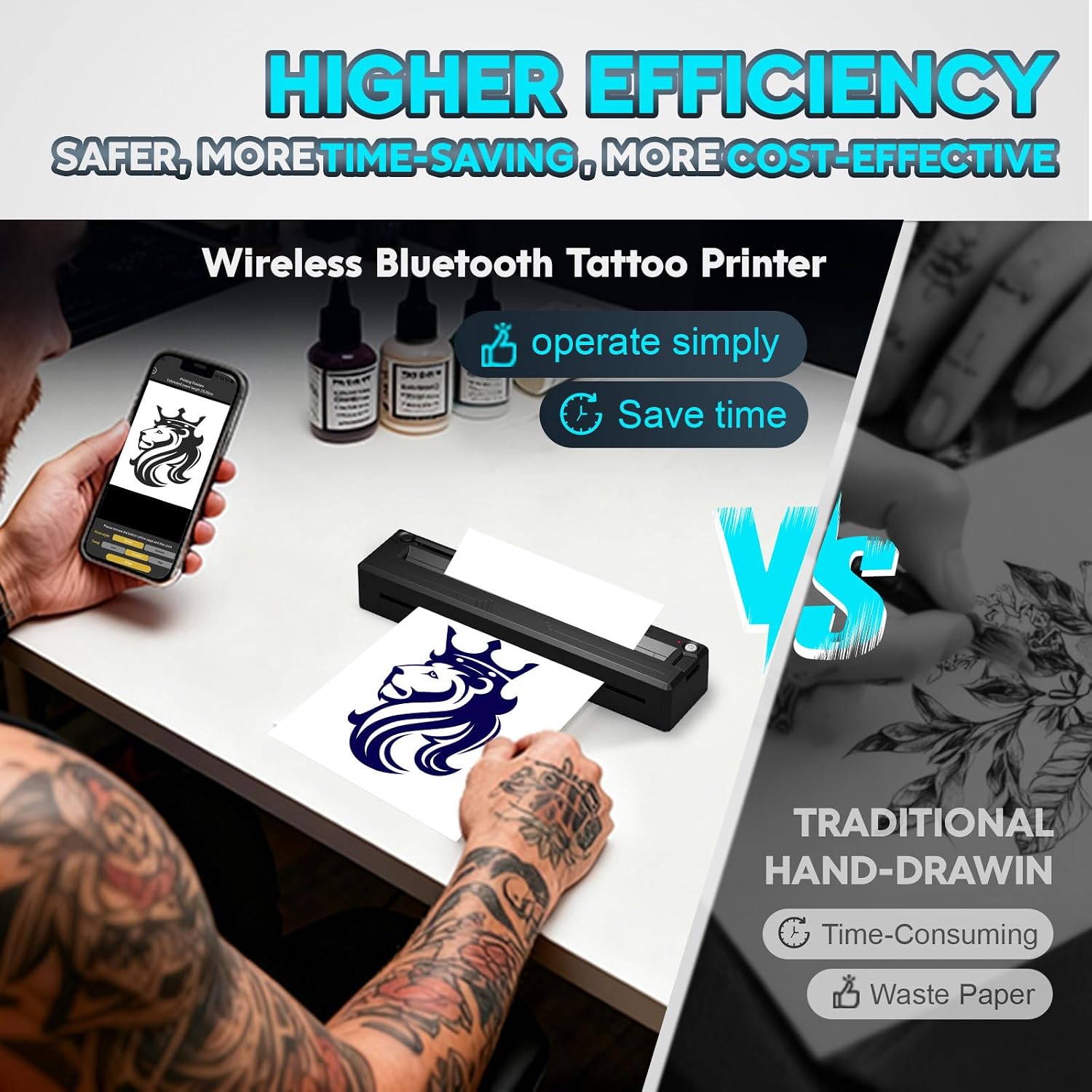 New Tattoo Stencil Printer - Fits A4-A8 Width Thermal Paper, Portable Wireless Bluetooth Thermal Tattoo Kit, Includes