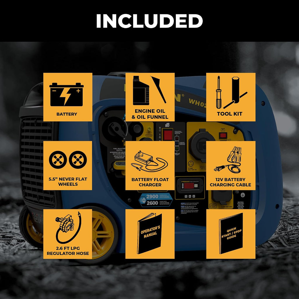 WH02942 Dual Fuel Inverter Portable Generator, 3200W Electric Start, Quiet 58 dB Operation, RV Ready TT-30R Outlet