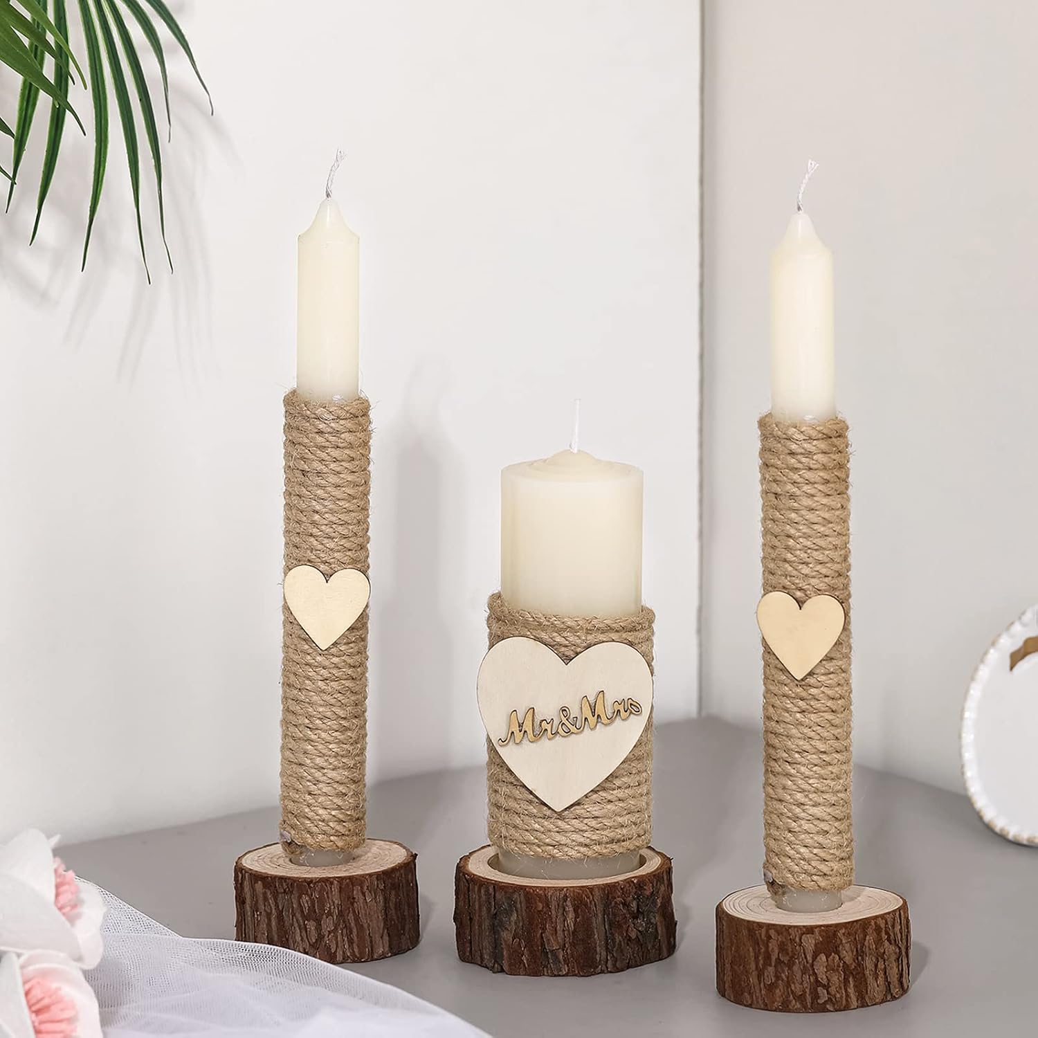 3 Pcs Rustic Unity Candles for Wedding Ceremony Set Mr and Mrs Burlap 1(5.9'') Pillar 2(9.8'') Taper Candles for