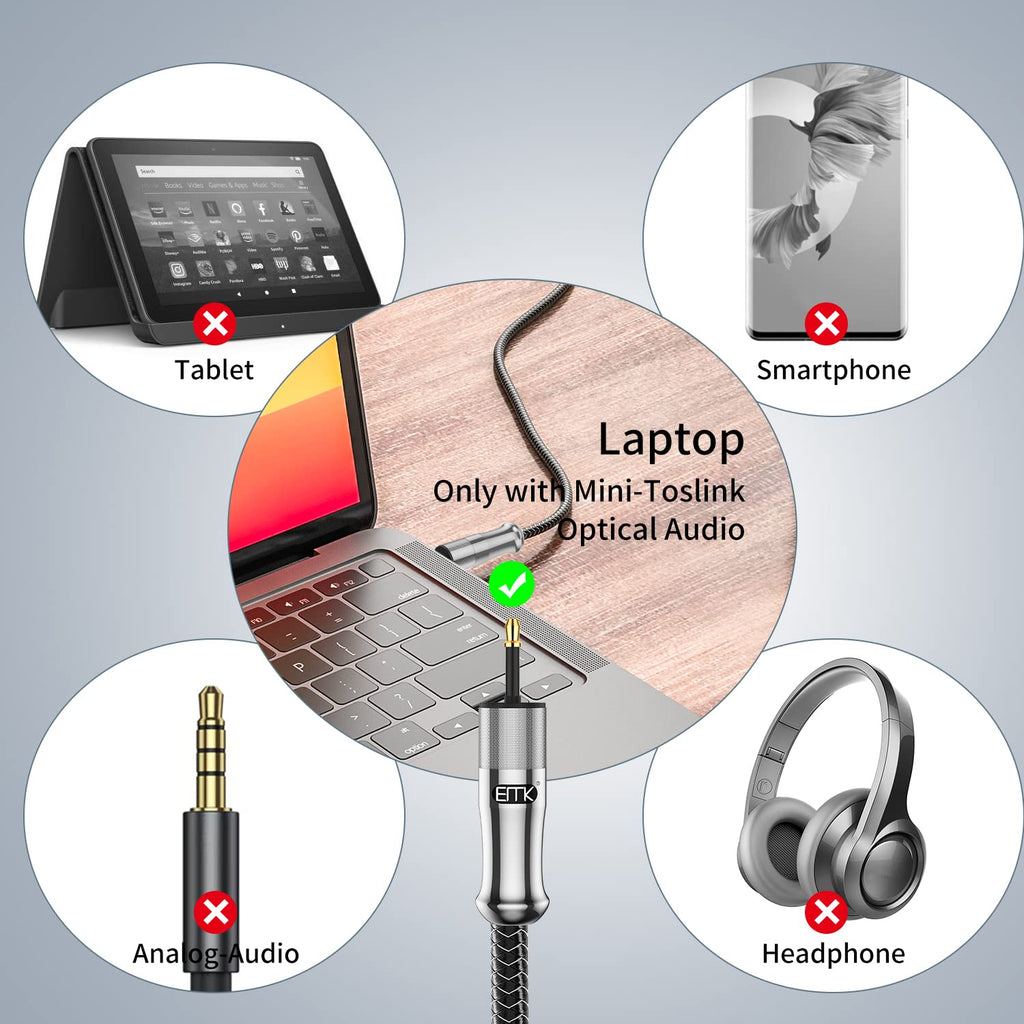 24K Gold-Plated Toslink to Mini Toslink Cable (6ft/2M) - Digital Optical Audio Cable with 3.5mm Mini Plug for