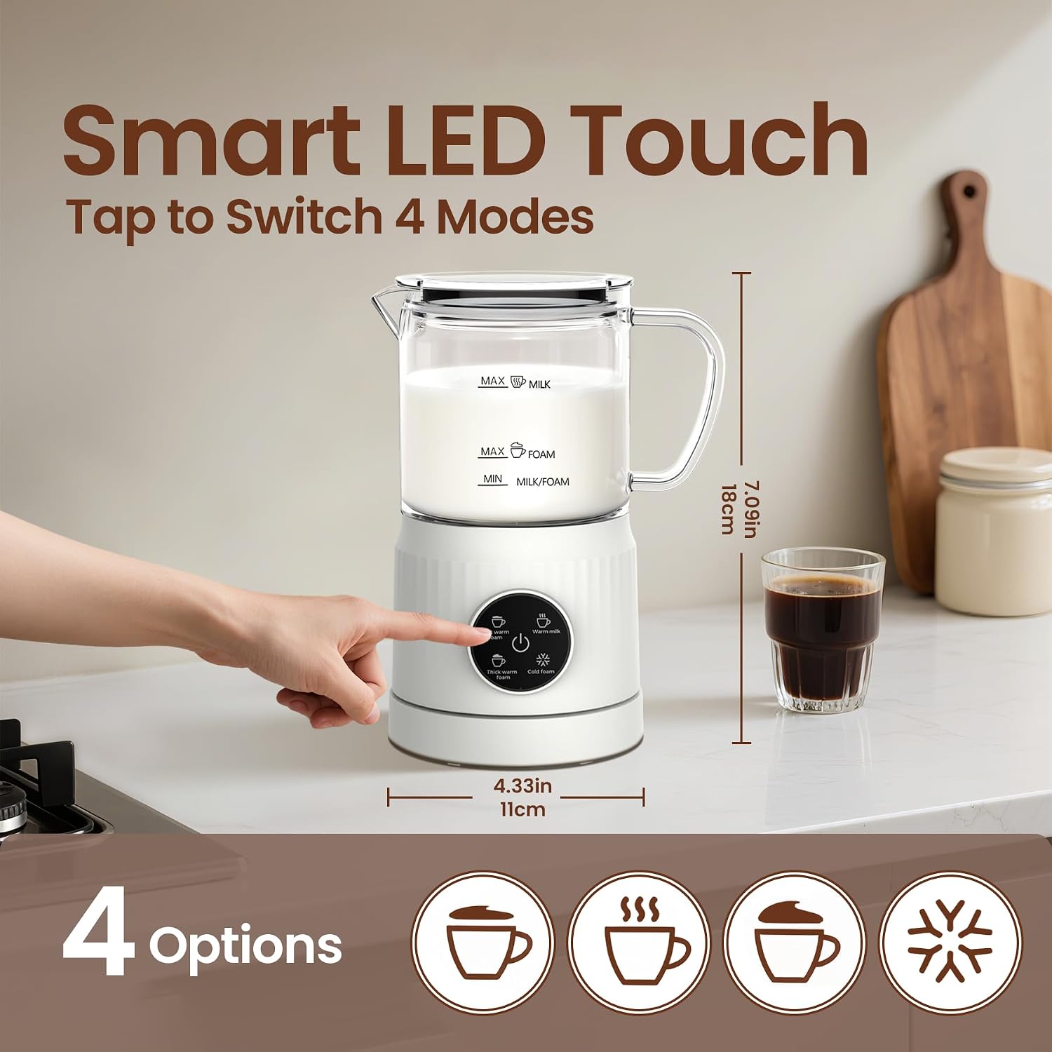 4-in-1 Electric Milk Frother and Steamer for Whole Milk, LED Touch Screen | Cold and Warm Foam Maker, Ceramic-Coated