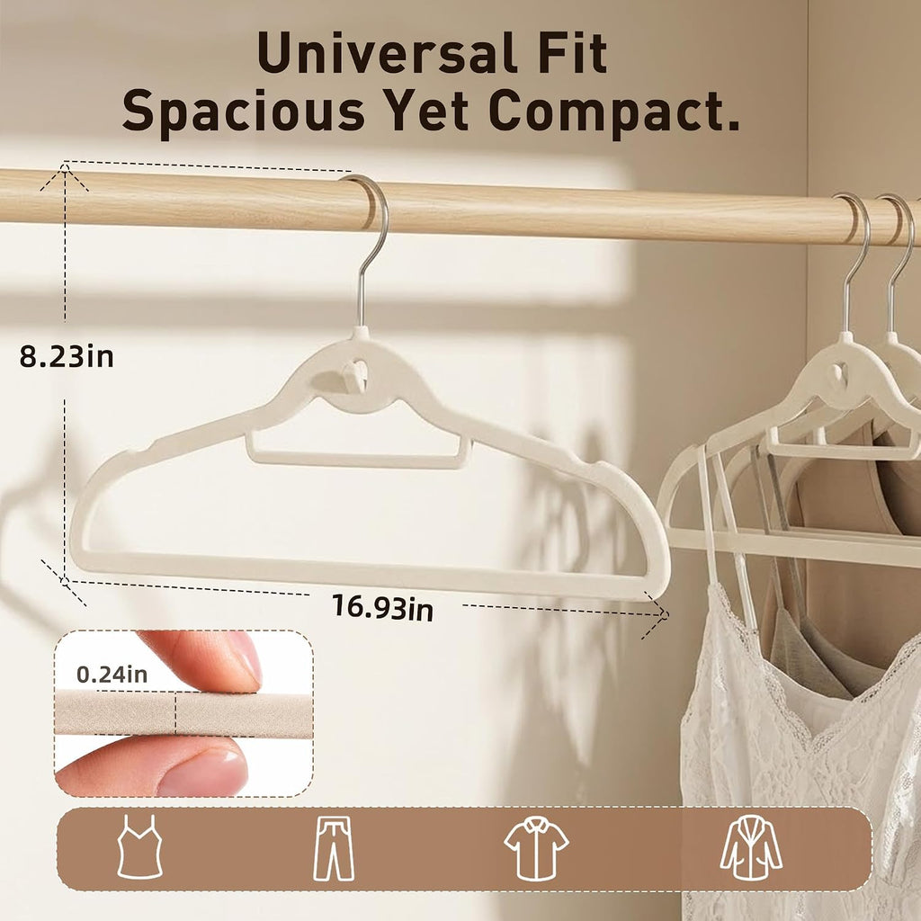Velvet Hangers 30 Pack, Ivory Non Slip Hangers with 360° Swivel Hook | Cascading Hooks; Thin Space Saving Heavy Duty