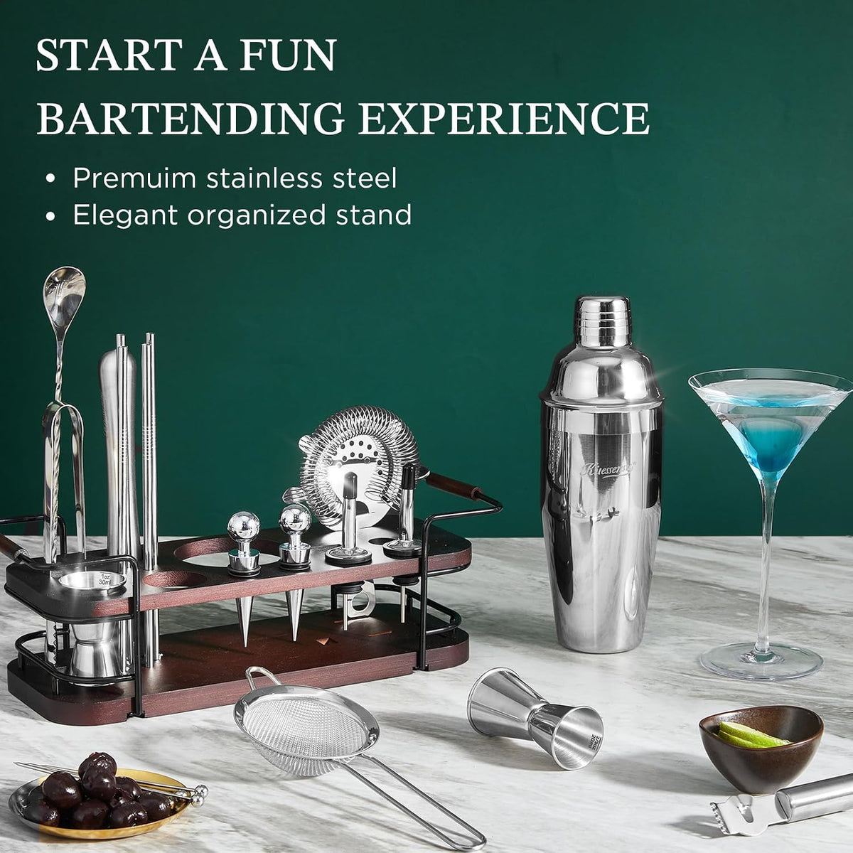 Cocktail Shaker Set Bartender Kit with Stand | Complete 24-Piece Bar Set Cocktail Kit with All Bar Accessories: