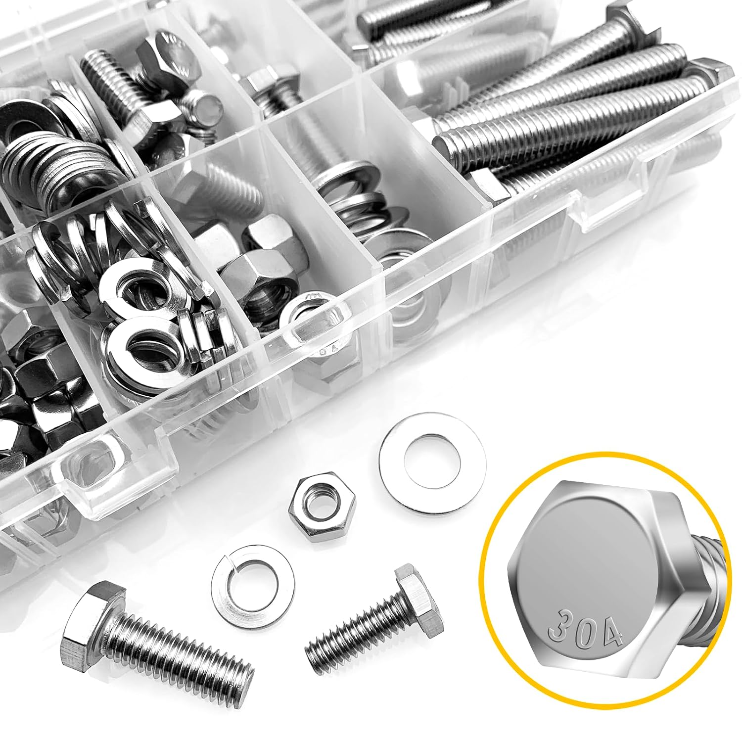 254Pcs Nuts and Bolts, 1/4 20 5/16 18 3/8 16 Bolt, Heavy Duty 304 Stainless Steel Bolts and Nuts Kit with Flat Spring