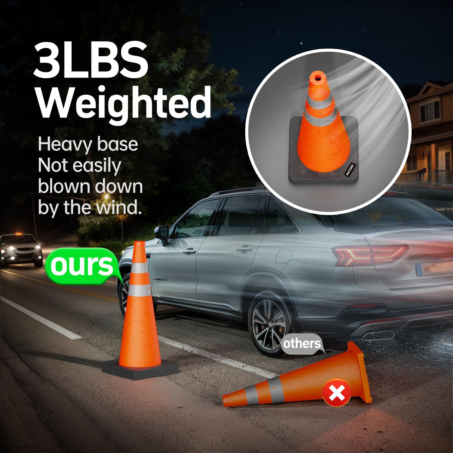 28 inch Collapsible Orange Traffic Safety Cones Weighted Base 2 Pcs | 3LBS heavy-duty design, reflective collar