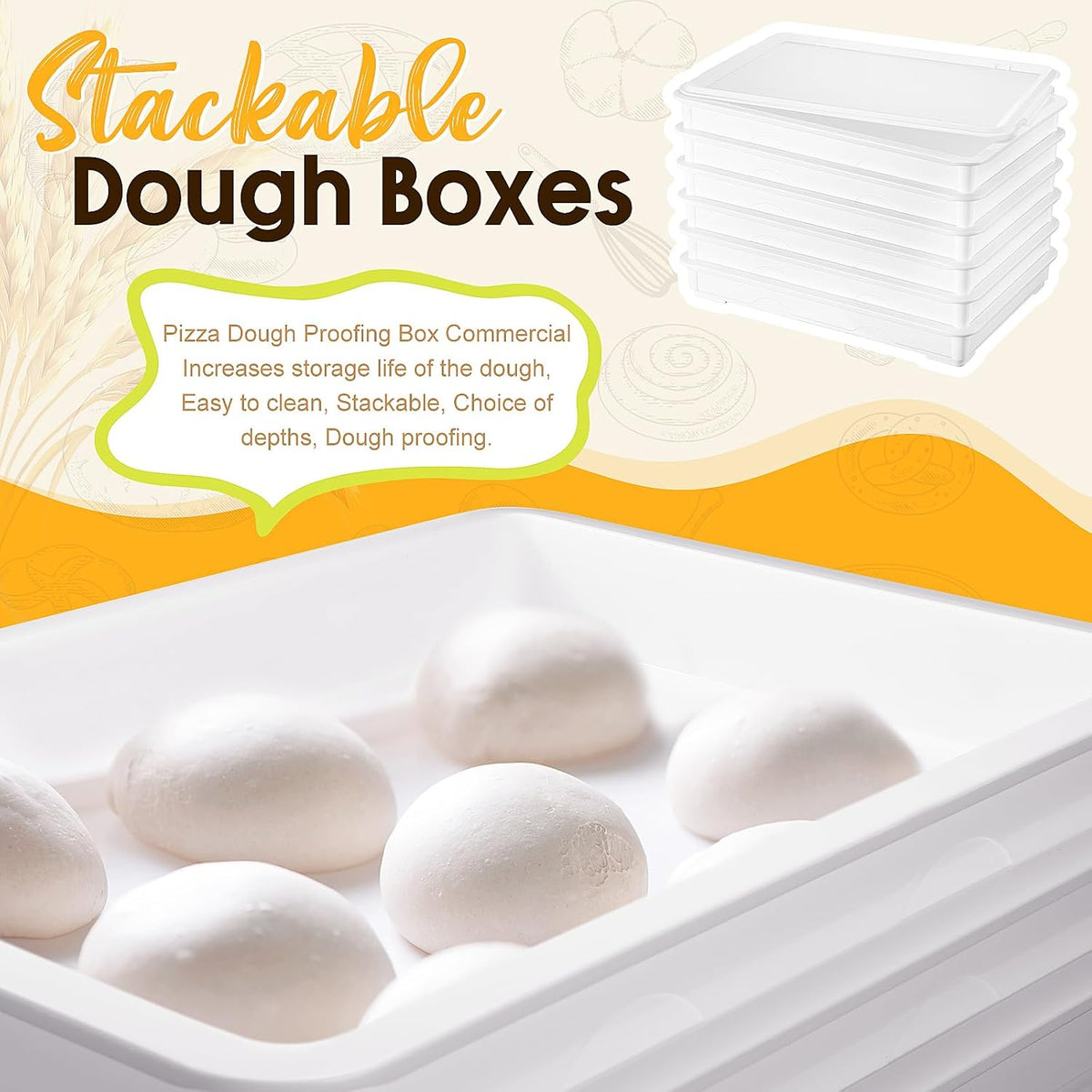 6 Pack White Pizza Dough Proofing Box Tray with Lid 22.44" x 15" x 2.8" Stackable Dough Proofing Containers for Pizza
