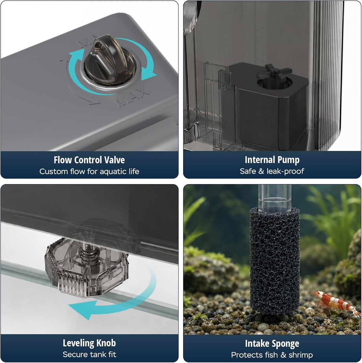 HOB Aquarium Filter, Fish Tank Filter for 5-20 Gallon Tanks, Adjustable Flow, Quiet Operation