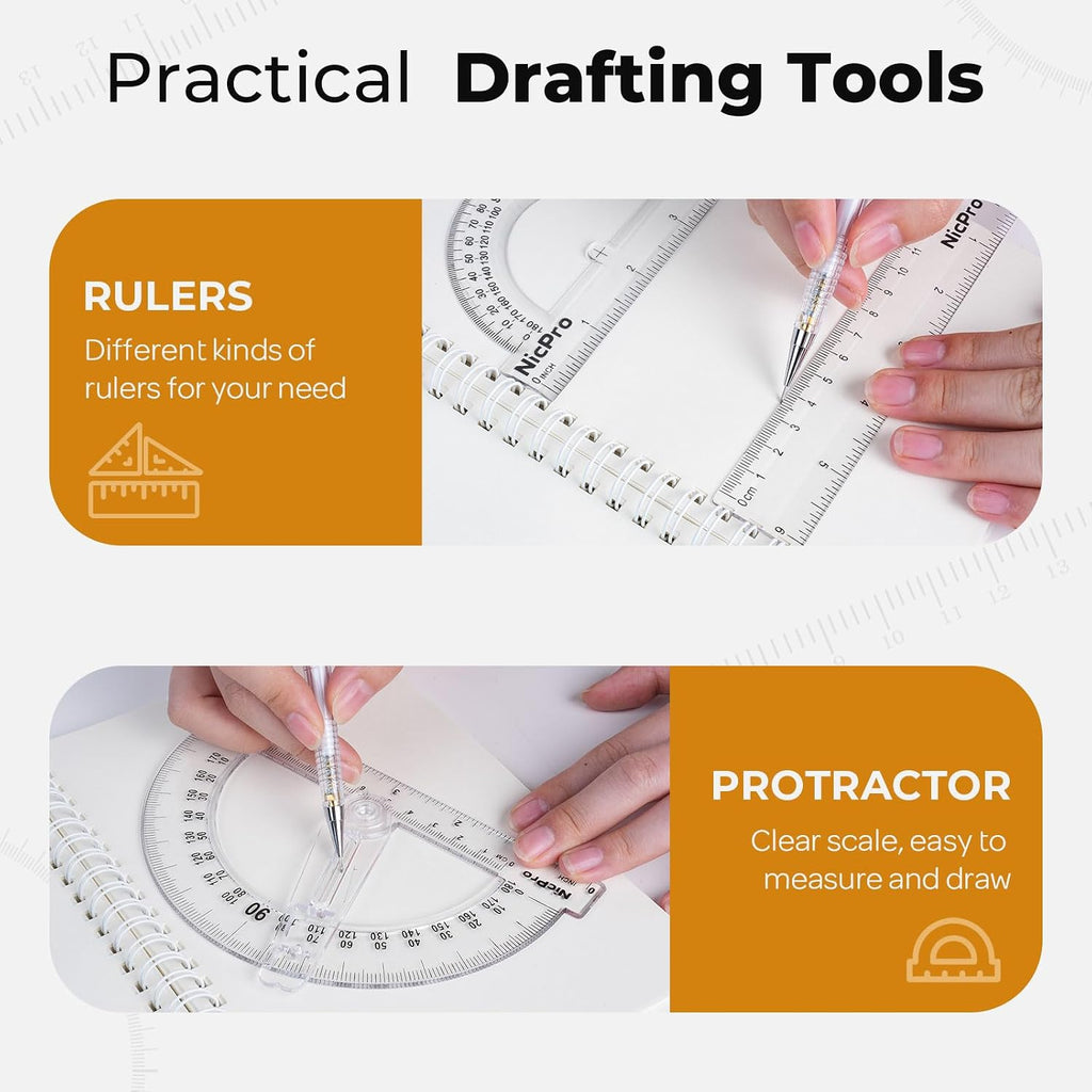 22 PCS Compass Geometry Tools with Case, Drafting Tools Geometry Set with Swing Arm Protractor, Rulers, Metal