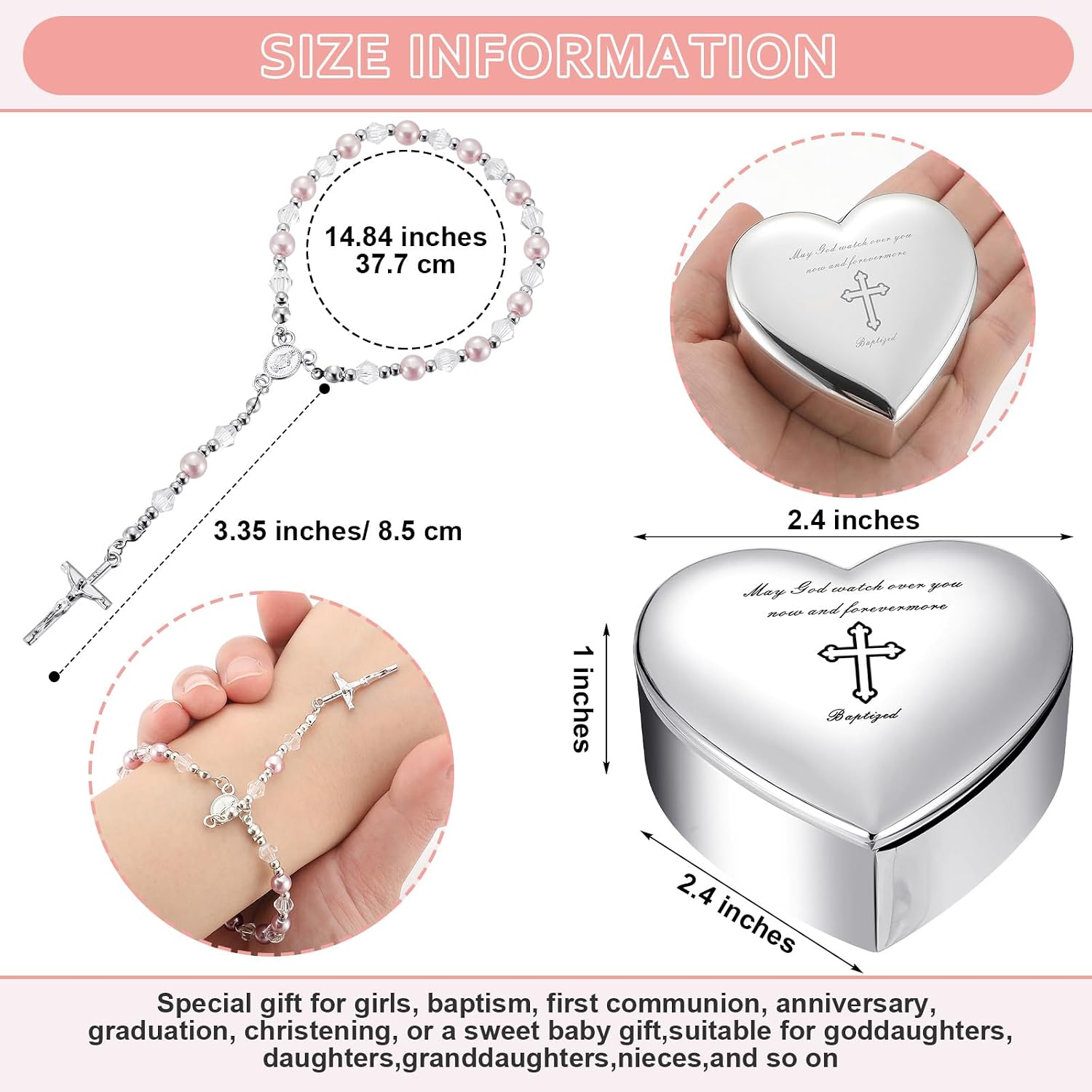 2 Pcs Heart Jewelry Keepsake Box and Pink Baby Rosary Baptism Gift, Silver Toned Jewelry Box with Engraved Cross Baby