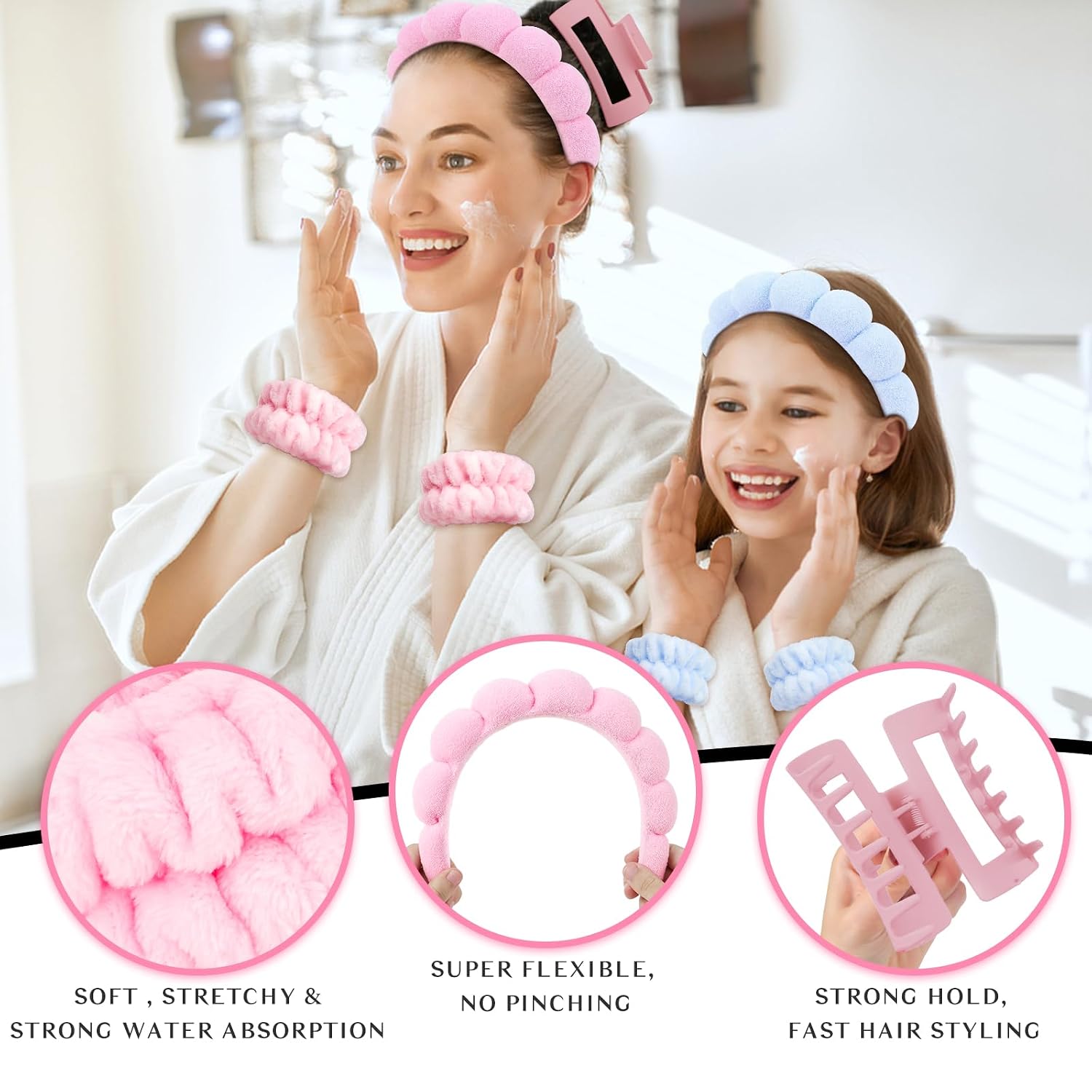 Pink Blue Spa Headband And Wristband Set Skincare Headband For Washing Face Hair Claw Clips For Thick Hair Cute Puffy