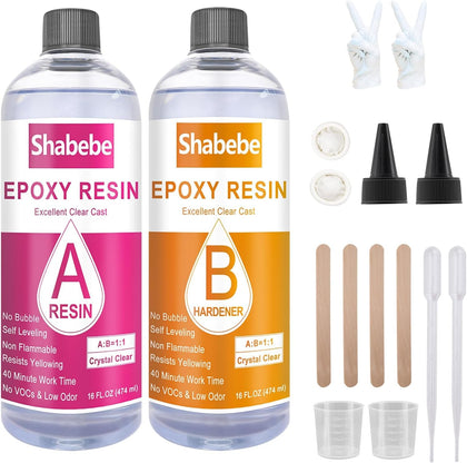 Epoxy Resin, 32OZ Epoxy Resin Crystal Clear, Not-Yellowing No-Bubble, Self Leveling Easy Pour/Mix 1:1 Casting Kit &